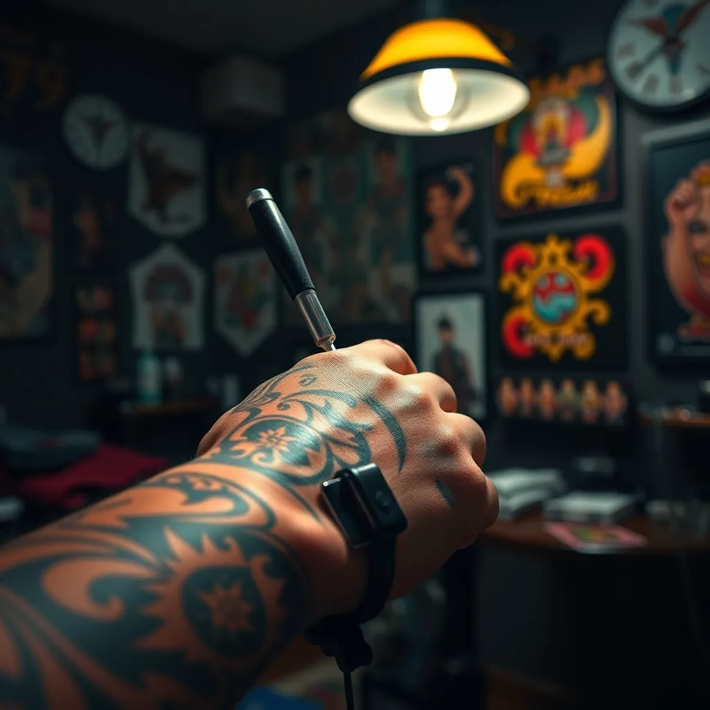 A close-up shot of a tattoo artist's hand delicately working on a tattoo, showcasing vibrant colors and intricate details. The background should be a dimly lit tattoo studio with various tattoo art displayed on the walls.