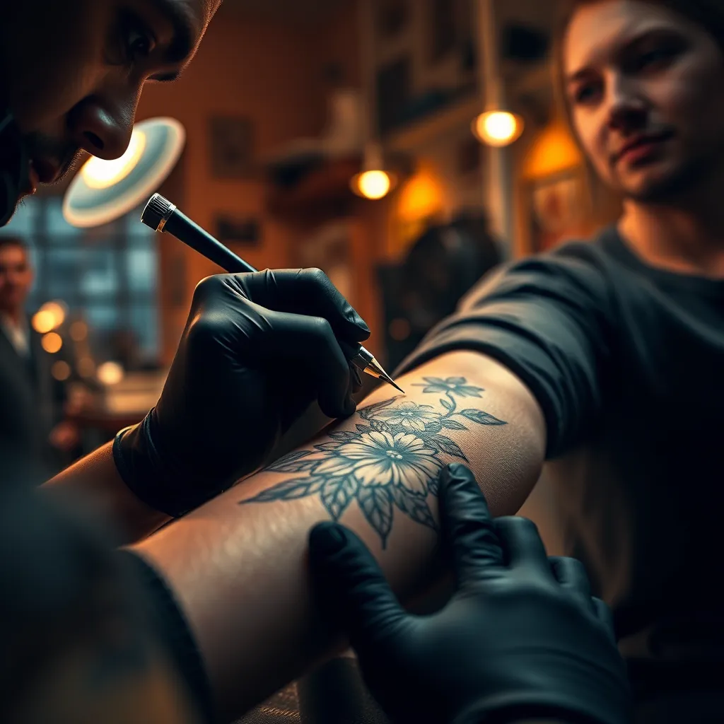 A close-up shot of a tattoo artist's hand meticulously outlining a intricate floral design on a client's forearm. The studio is filled with warm, ambient lighting, casting soft shadows on the equipment and walls. The tattoo artist is wearing black gloves and a focused expression, while the client sits patiently, their arm resting on a padded table. The tattoo needle and ink are visible in the foreground, adding to the sense of realism and detail. The image should be highly detailed and capture the artistry and precision involved in tattooing, with a focus on the intricate details of the design and the skilled hand of the artist. Style reference: Greg Simkins (Kramer)