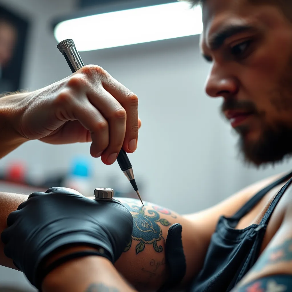 A close-up shot of a tattoo artist's hand delicately outlining a tattoo design on a client's arm. The studio is brightly lit, showcasing vibrant ink colors and intricate details. The tattoo artist wears a black apron and focused expression, highlighting their skill and passion for the craft.