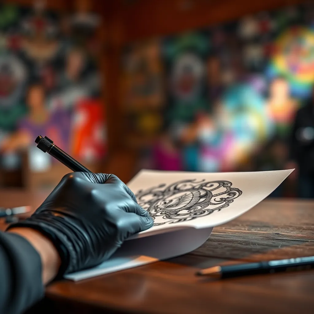 A close-up shot of a tattoo artist's hand sketching a detailed design on a piece of paper. The artist is wearing black gloves and the paper is resting on a wooden table. The background is blurred and filled with vibrant colors, representing the variety of tattoo styles offered by CS Tattoo Emporium. The lighting is soft and natural, creating a warm and inviting atmosphere. The image should be ultra-realistic, capturing the intricate details of the design and the artist's skillful hand. Render the scene in 8K resolution, highlighting the texture of the paper, the artist's tools, and the vibrant colors of the design. Capture the feeling of creativity and artistry that embodies the tattoo design process at CS Tattoo Emporium.