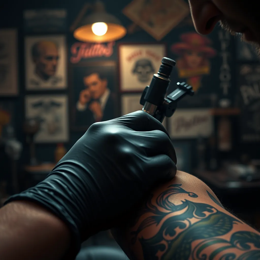 A close-up shot of a tattoo artist's hand meticulously working on a tattoo with a tattoo machine. The artist should be wearing black gloves and the client's skin should be visible with intricate details of the tattoo in progress. The background should be a dimly lit tattoo studio with  tattoo art on the walls and a vintage vibe.
