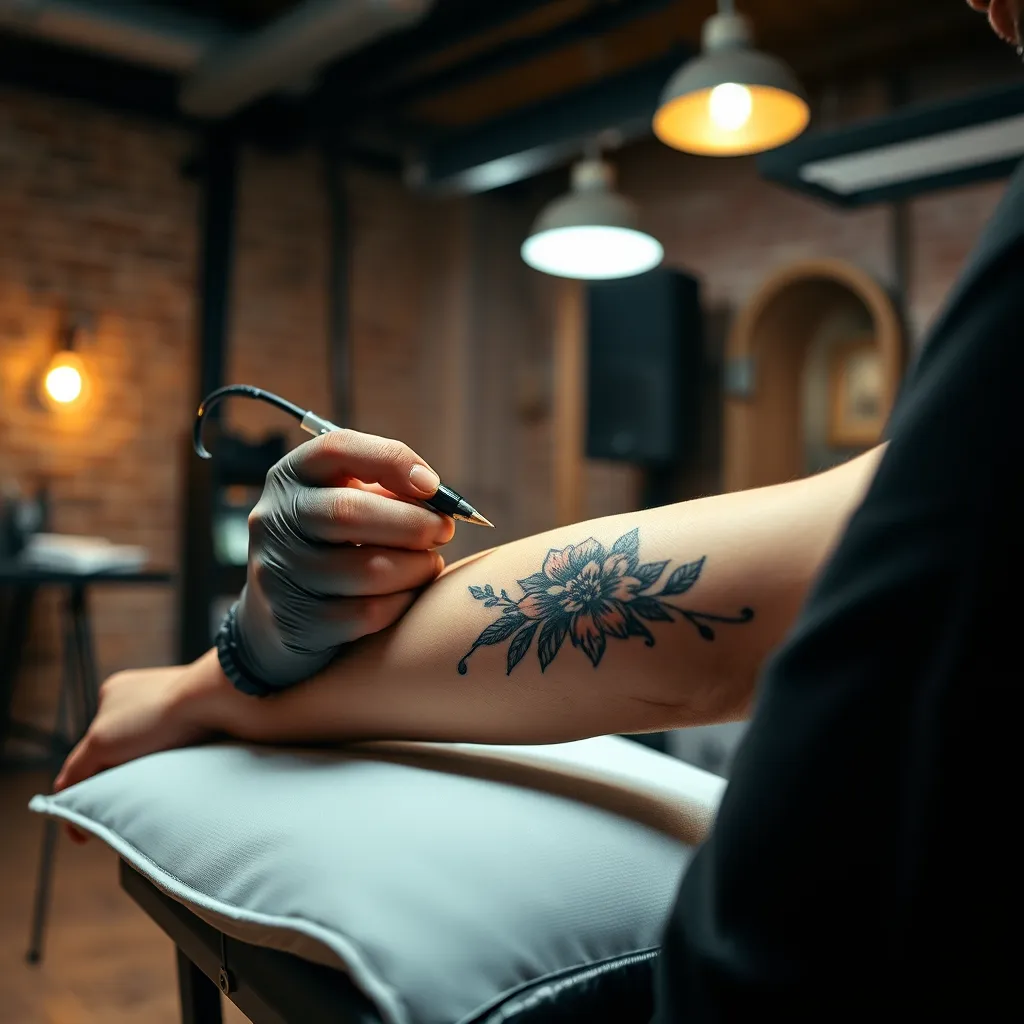 A close-up shot of a tattoo artist's hand delicately outlining a floral tattoo on a client's arm in a well-lit studio. The studio is modern and clean with exposed brick walls and industrial lighting. The tattoo artist wears black clothing and is focused on their work. The client is relaxed and their arm is positioned comfortably on a padded table. The tattoo ink is vibrant and detailed, showcasing the artist's skill and precision. The image should be rendered in a photorealistic style with a warm and inviting color palette, emphasizing the artistry and professionalism of the tattoo process. 8K resolution, hyperrealistic, ultra-detailed.