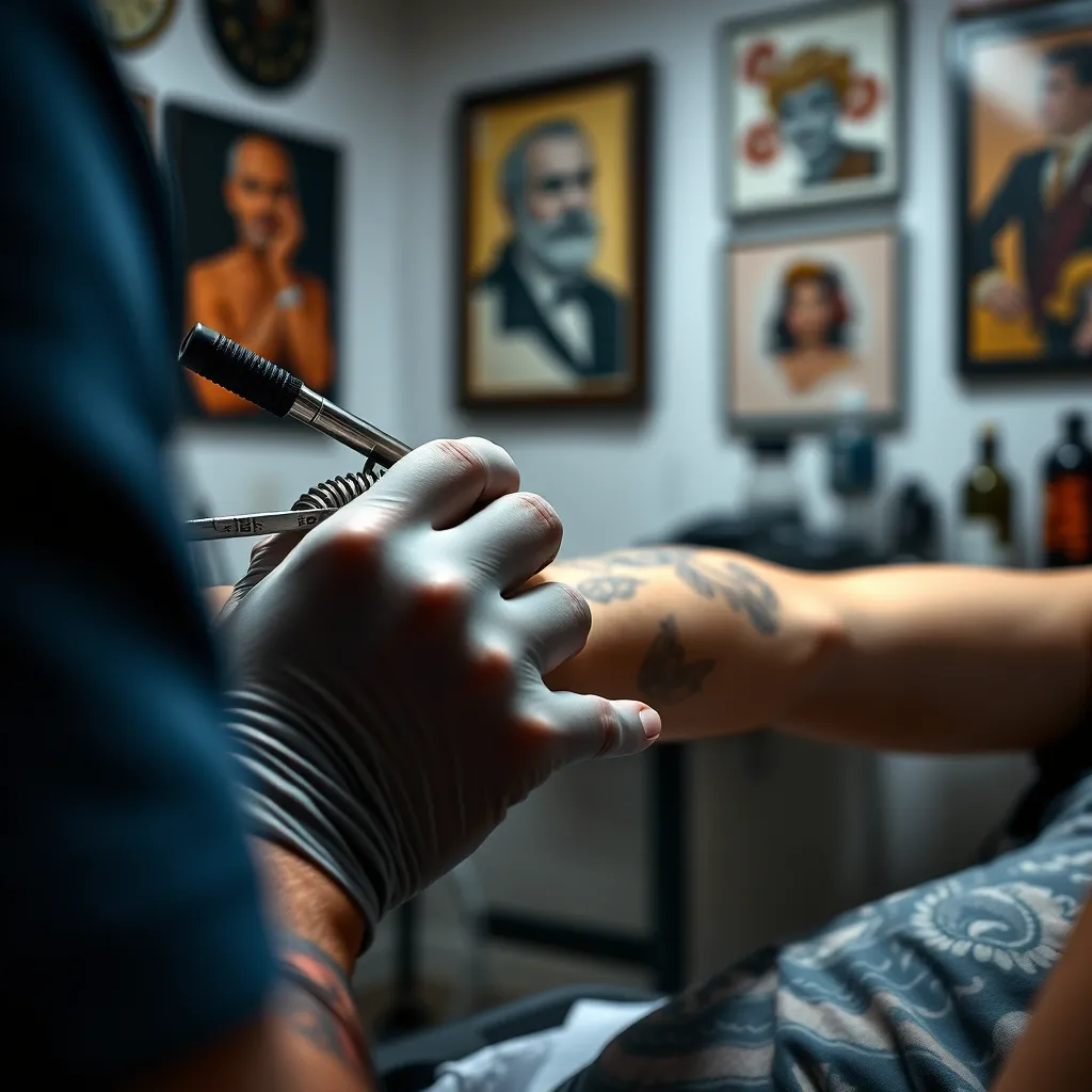 A close-up shot of a tattoo artist's hand carefully working on a tattoo with intricate details on a client's arm, focusing on the artist's skilled hand movements and the client's relaxed expression. The studio should be in the background, with a sterile and professional atmosphere, featuring artwork and tattoo equipment.