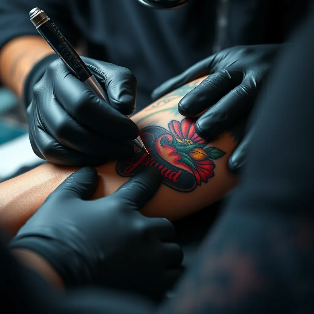 A close-up shot of a tattoo artist's hands carefully working on a tattoo, with intricate details and vibrant colors. The artist is wearing black clothing and gloves, and the client's arm is visible with a partially completed tattoo. The background is blurred, creating a focused image on the artistry.