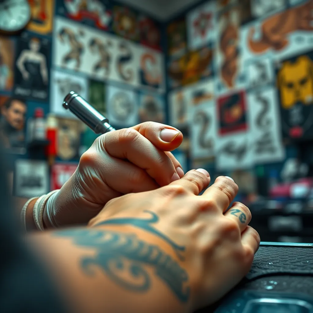 A close-up shot of a tattoo artist's hands meticulously working on a tattoo, showcasing their skill and focus. The background should be a vibrant tattoo studio environment with various tattoo designs on the walls. The artist's hands should be the focal point, highlighting the intricate details and precision of their work.