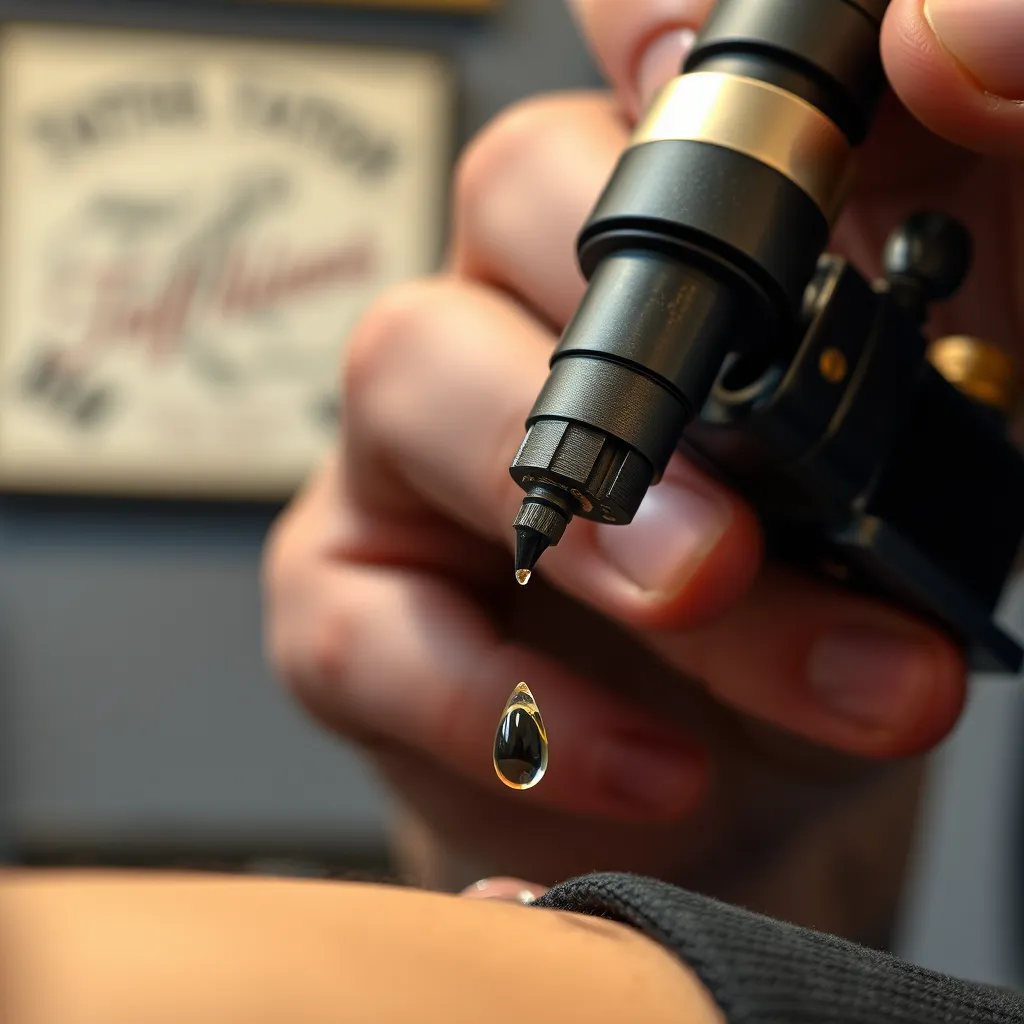 A close-up shot of a tattoo machine in action, with a drop of ink falling from the needle onto a client's skin. The image should be focused on the intricate details of the tattoo process and convey a sense of precision and expertise. The tattoo artist's hand should be visible in the background, holding the machine steady. The image should also include a subtle background detail that hints at the studio's established history, such as a vintage tattoo flash design or a framed photograph of the studio's early days.
