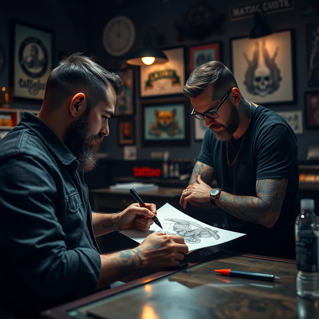 A close-up shot of an artist and a client in a studio, with the artist sketching a tattoo design on paper while listening intently to the client's ideas. The studio should have a welcoming and comfortable atmosphere, with artwork and details reflecting the diverse tattoo styles.