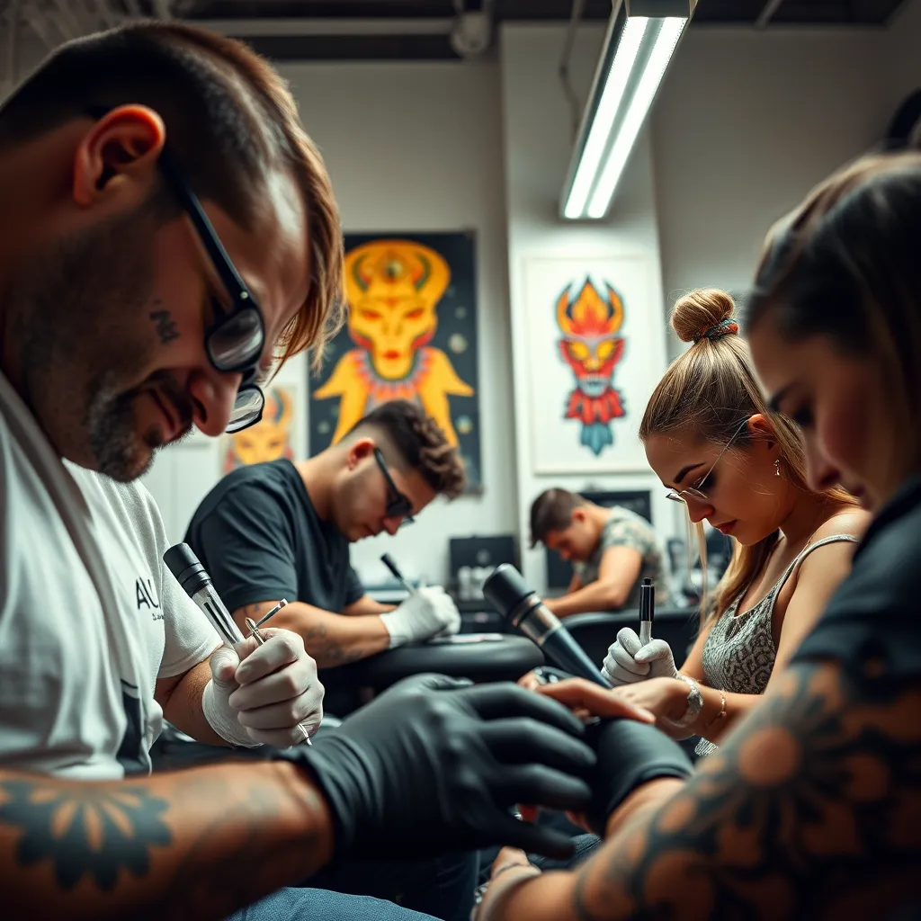A close-up shot of four tattoo artists, two men and two women, working on tattoos in a well-lit studio. Each artist is focused on their work, showcasing their unique styles and techniques. The studio has a clean and modern aesthetic, with vibrant artwork displayed on the walls.