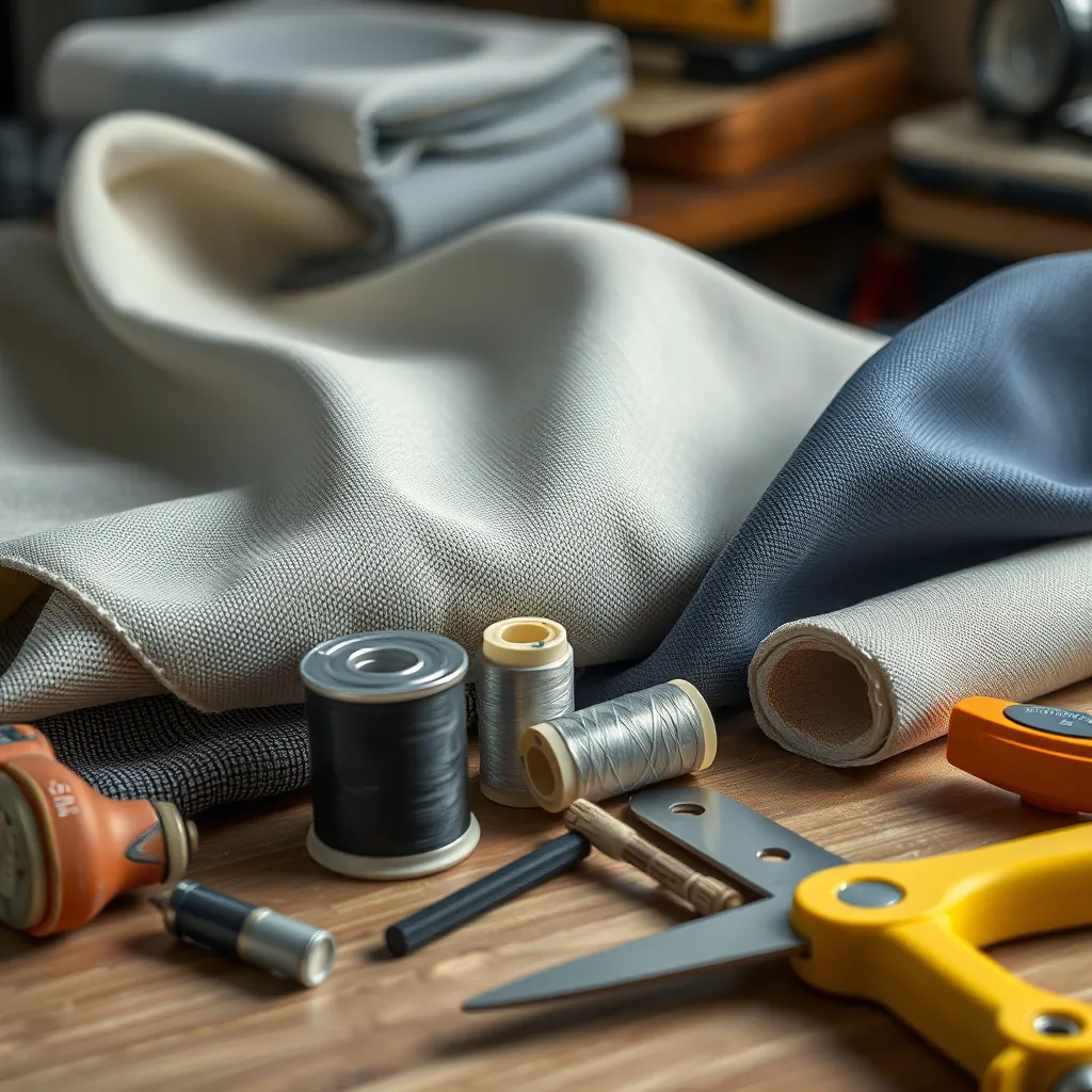 A close-up shot of various high-quality marine materials such as Sunbrella fabrics, GORE-TEX thread, and Marine Vinyl displayed on a table, along with professional tools, emphasizing texture and quality, perfect for a promotional setting.