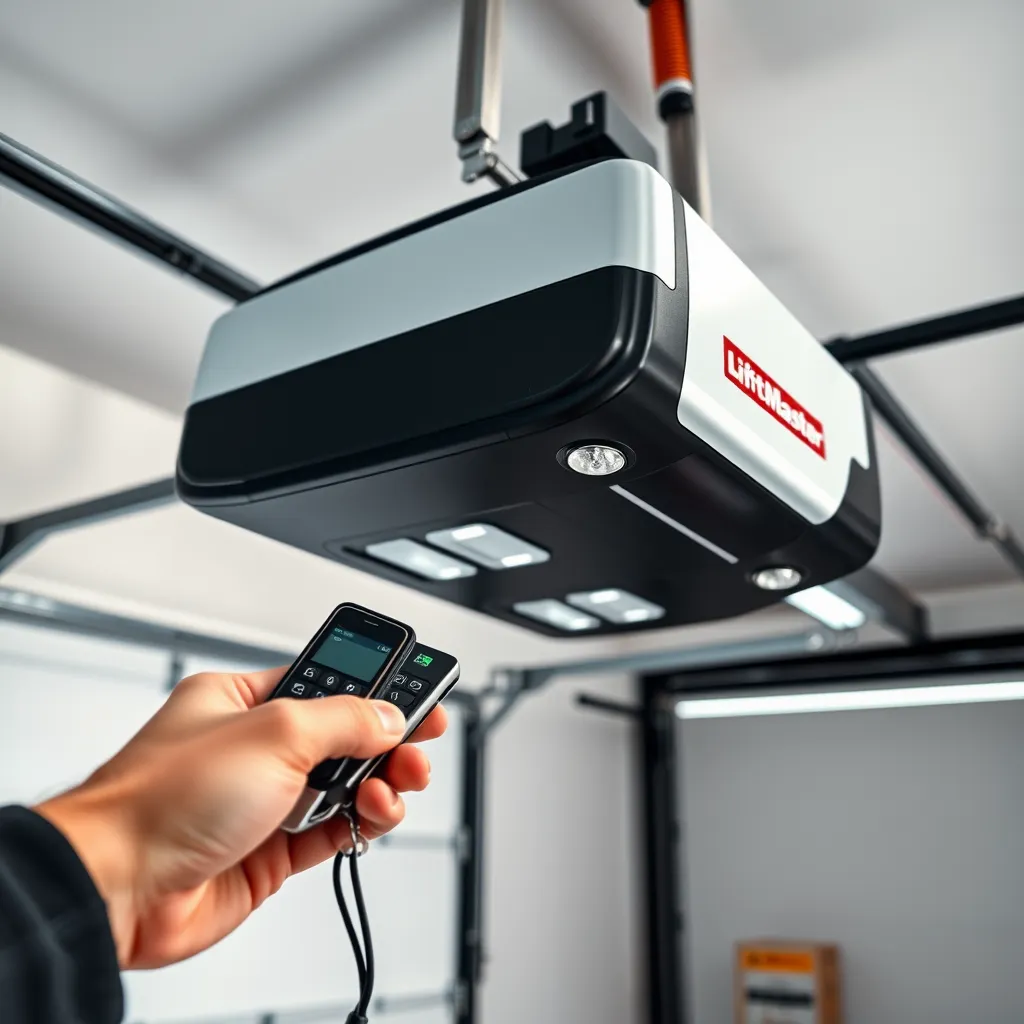 A close-up view of a high-tech LiftMaster garage door opener installed in a sleek, modern garage. Remote controls are shown in hand, showcasing functionality, while the garage interior appears clean and modern, emphasizing technology.