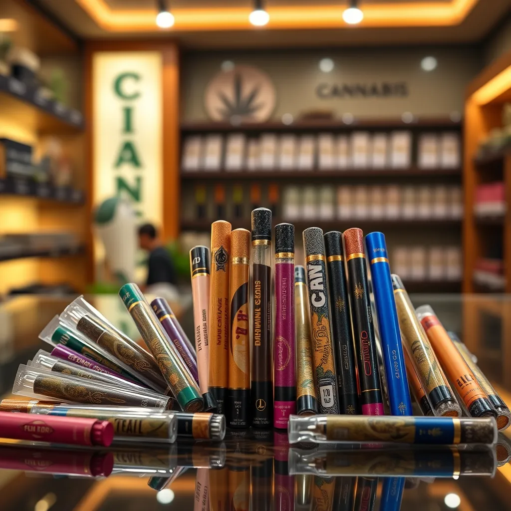A close-up view of an elegant display of cannabis pre-rolls in a variety of colors and sizes, set against a warm, inviting background in a modern cannabis retail space. Emphasize the quality and freshness of the products, with a spotlight effect highlighting the pre-rolls.