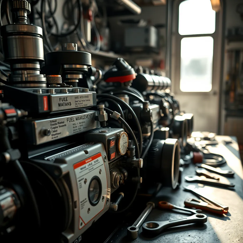 A close-up view of various marine engine components and spare parts organized neatly on a workbench inside a boat workshop. The dramatic side lighting casts interesting shadows, showcasing the textures of metal, rubber gaskets, and wires. The camera is positioned at an angle that allows for a detailed view of the labels on various parts like fuel management systems and hydraulic components. Tools like screwdrivers and wrenches are scattered nearby, enhancing the working environment feel. This technical scene suggests precision and expertise, emphasizing the quality of products available. The color palette features metallic tones and rich blacks, creating a professional atmosphere. Render in ultra-detailed 8K resolution, capturing every intricate detail.