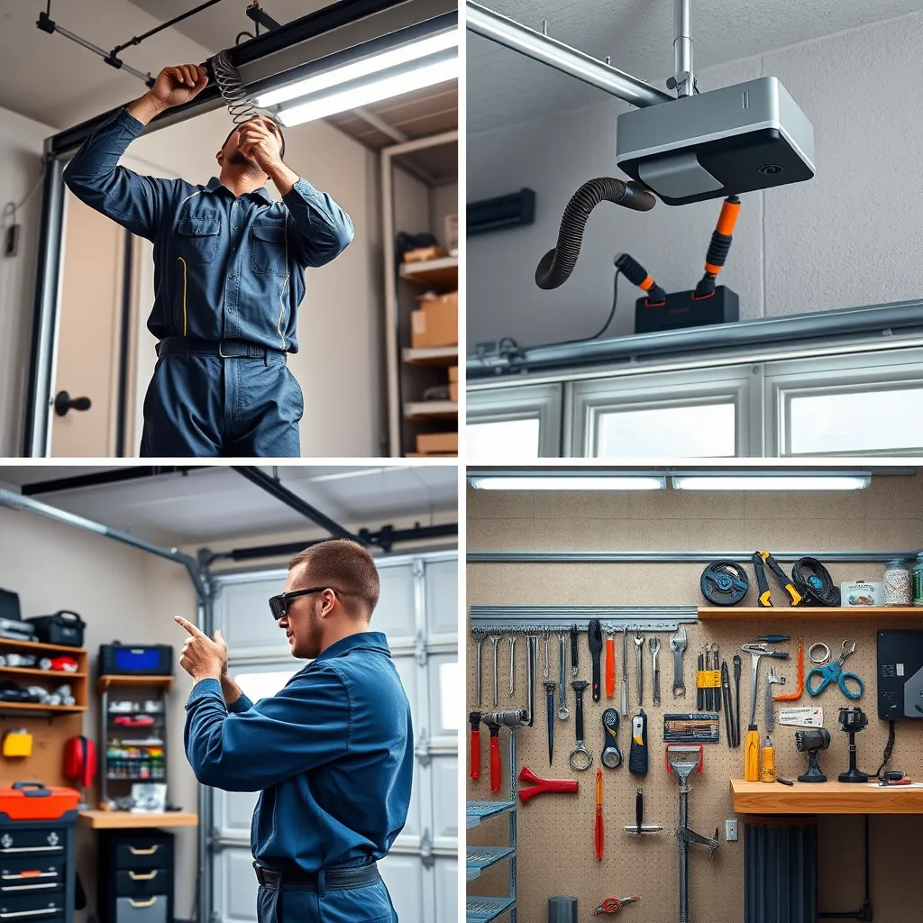 A collage image depicting various garage door services: a technician repairing a broken spring, installing a door opener, and adjusting door tracks, all set in a well-organized workshop with tools and parts neatly displayed.