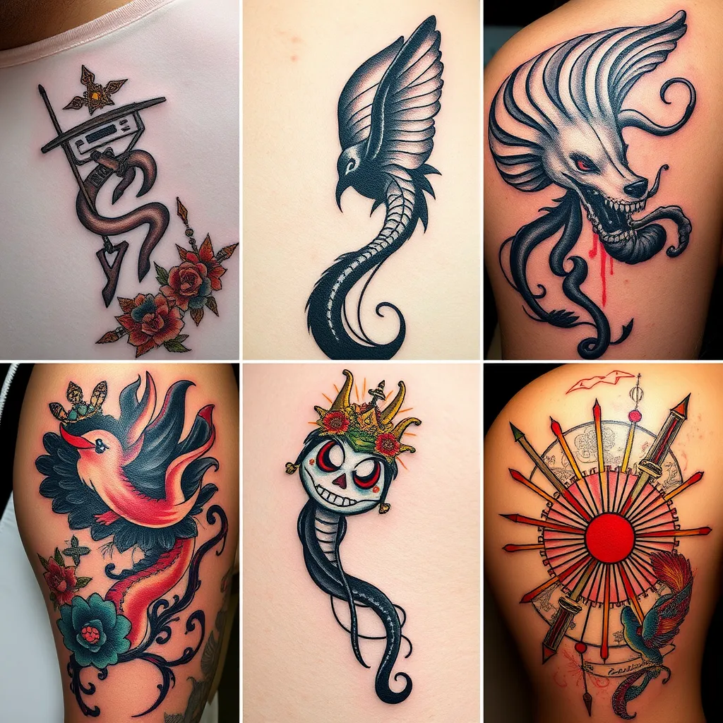 A collage of 6 different tattoo designs in various styles, showcasing Lucy's diverse skill set. Each design should be visually distinct and represent a different style: American Traditional, Neo Traditional, New School, Black and Grey, Realism, and Japanese. The images should be high-quality and photorealistic, showcasing intricate details and vibrant colors.