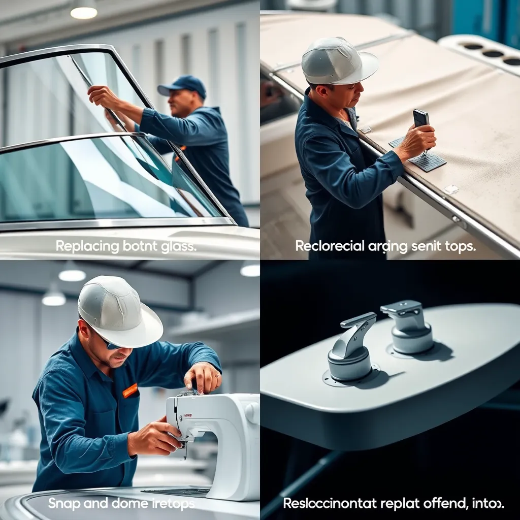 A collage of boat repair services being performed: a technician replacing boat glass with precision, another sewing canvas on a Bimini top, and a close-up of snap and dome replacements. Each scene captures the attention to detail and expert craftsmanship.