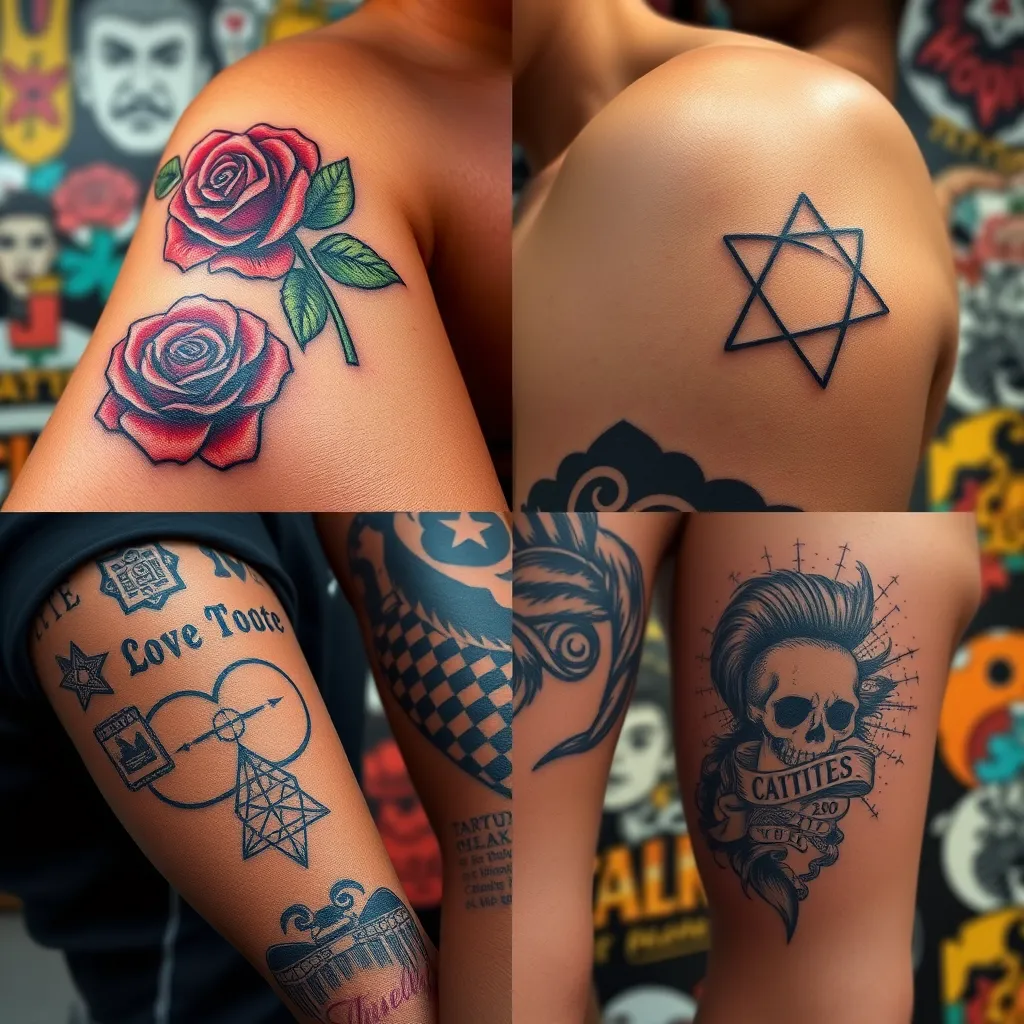 A collage of different tattoo styles, showcasing a variety of designs, colors, and sizes. The collage should include a traditional rose tattoo, a modern geometric design, a minimalist line art tattoo, and a detailed illustrative piece. The background is a vibrant and artistic wall with tattoo-related imagery.