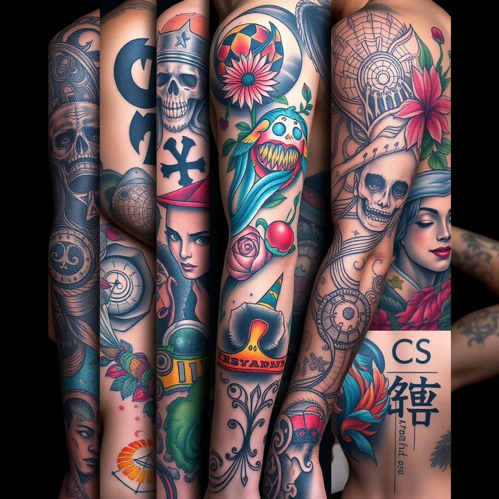 A collage of different tattoo styles, each showcasing a distinct aesthetic. The collage should include examples of American Traditional, Neo Traditional, New School, Black and Grey, Realism, Japanese, Tribal, Script/Lettering, Watercolor, and Geometric tattoos. Each tattoo should be depicted in detail, with vibrant colors and intricate lines. The collage should be arranged in a visually appealing way, highlighting the diversity and artistic mastery of CS Tattoo Emporium.