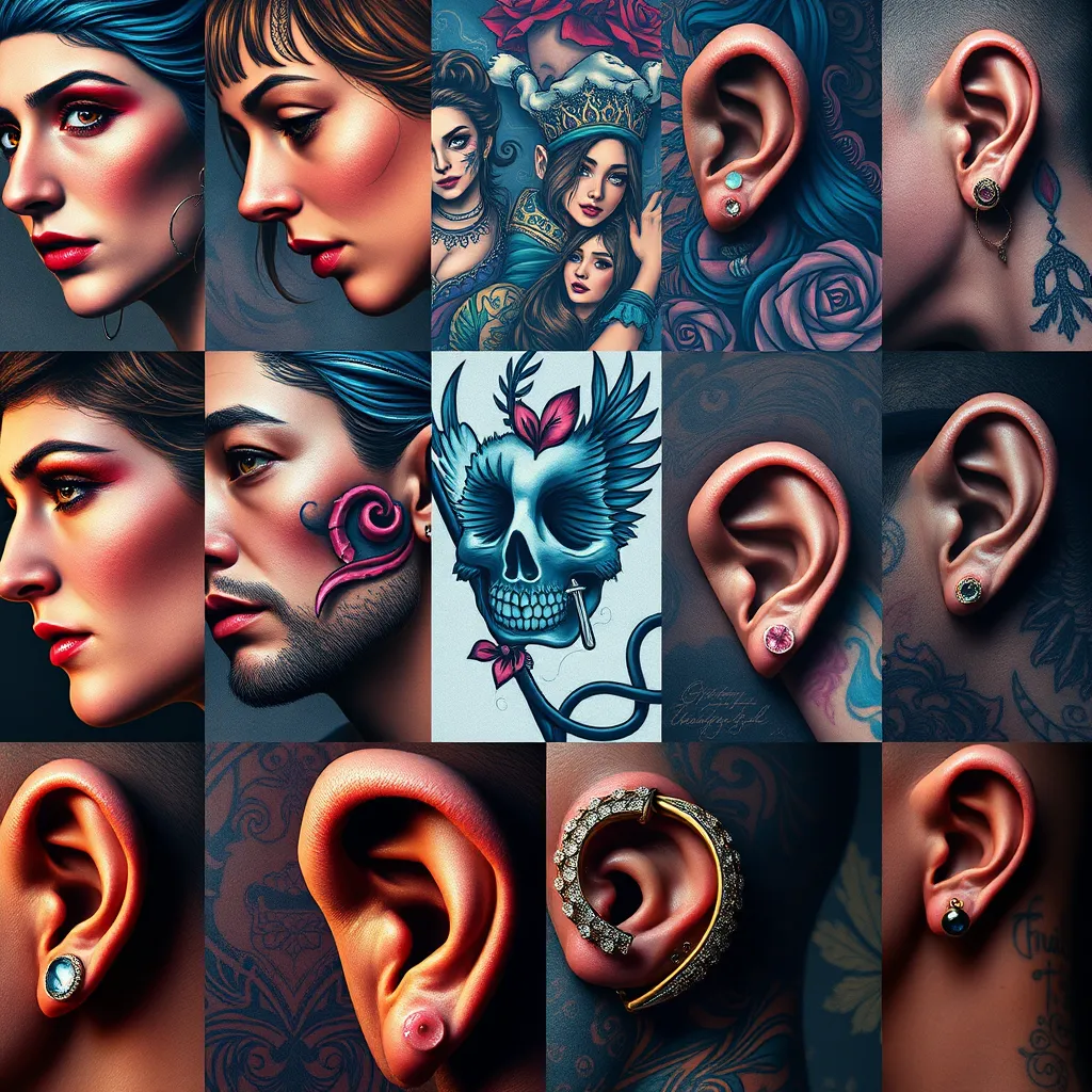A collage of diverse tattoo styles, showcasing realistic portraits, intricate linework, vibrant colors, and bold black and grey designs.  Include close-ups of various piercing styles, highlighting the different types of jewelry available.