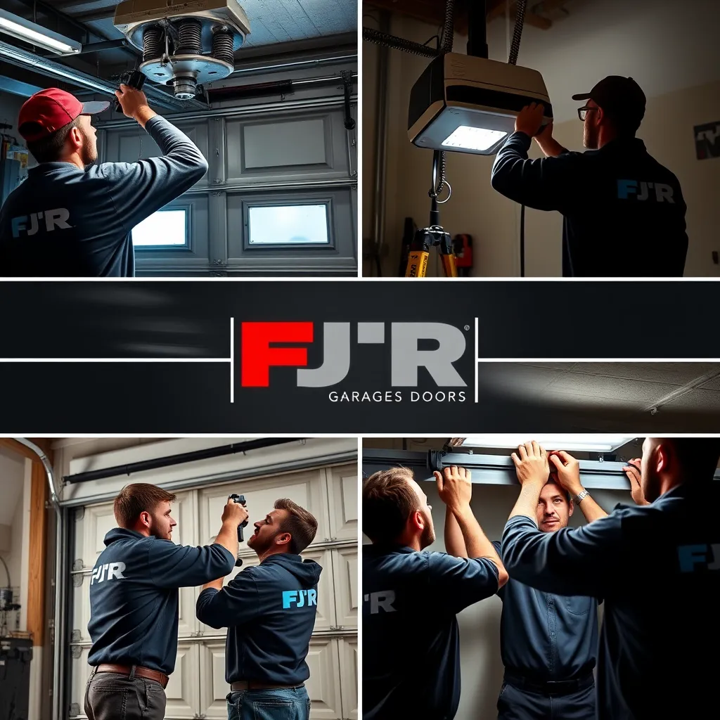 A collage of garage door services rendered by FJR Garage Doors, showcasing technicians performing spring repairs, installing a LiftMaster opener, and adjusting a garage door's track. Each scene is well-lit and captures the professionalism and attention to detail of the team in action.