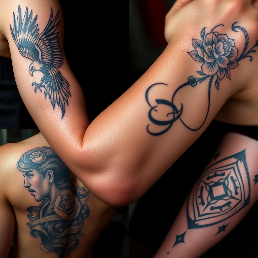 A collage of images depicting different tattoo styles: a bold traditional eagle on a bicep, a delicate floral design on a wrist, a detailed portrait on a back, and a geometric pattern on a leg. The images are arranged in a visually appealing and diverse way, showcasing the studio's wide range of artistic capabilities.