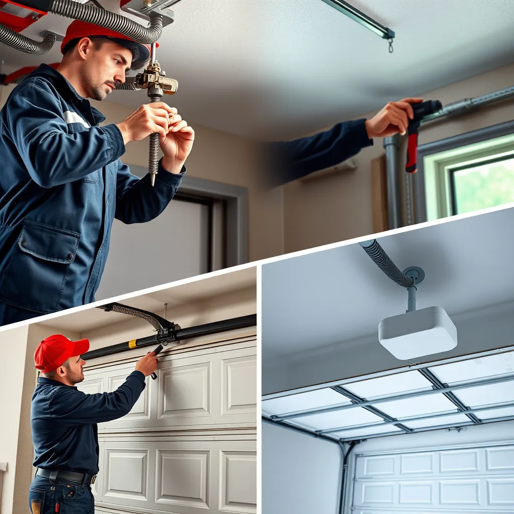A collage of images showing various garage door services being performed: a technician repairing a broken spring, adjusting door tracks, and installing a remote opener. Each service is represented vividly, demonstrating professionalism and precision, with tools and garage doors displayed prominently.