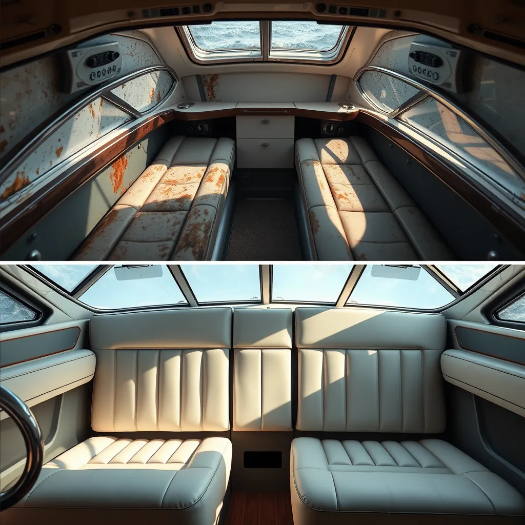 A collage of two images: one depicting a worn-out boat interior with faded upholstery and another showing the same interior beautifully reupholstered with bright, high-quality marine vinyl, emphasizing intricate stitching and a fresh, inviting atmosphere.