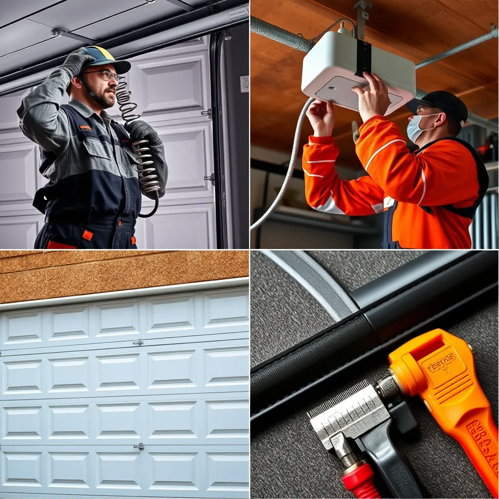 A collage showcasing various garage door services: a technician repairing a broken spring, another installing a garage door opener, and a close-up of weather stripping being applied. The background should include a selection of garage door styles and tools.