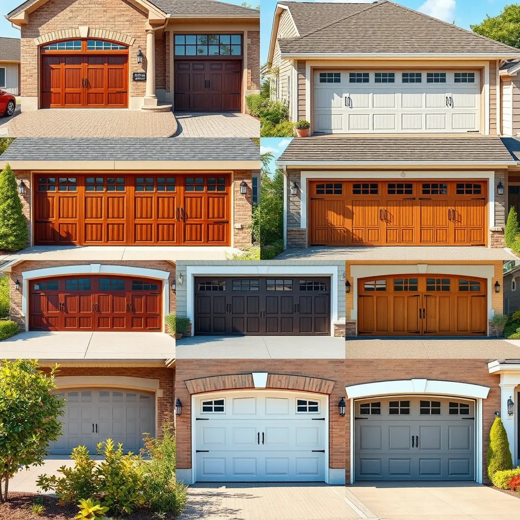 A collection of beautiful garage doors installed on various homes, showcasing different styles such as traditional wooden doors, modern sleek designs, and classic carriage-style doors. The setting is a sunny suburban neighborhood in Chicago, with vibrant landscaping and different house exteriors.