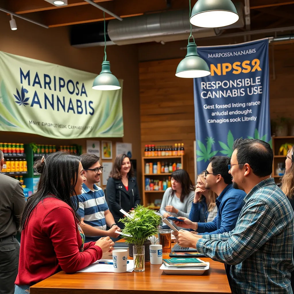 A community event at Mariposa Cannabis with a friendly atmosphere, featuring customers engaged in discussions, a local expert giving a presentation, and banners promoting responsible cannabis use. Bright colors and joyful expressions should depict a positive community vibe.