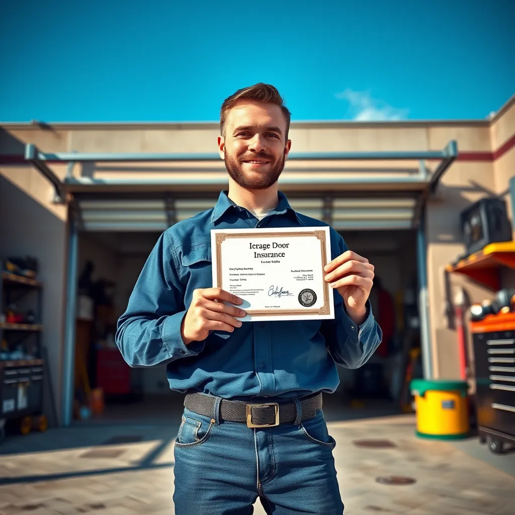 A confident garage door technician holding a license and insurance certificate in front of a garage door. The background features a well-maintained garage area, complete with tools and equipment, symbolizing trust and professionalism, with clear blue skies above.