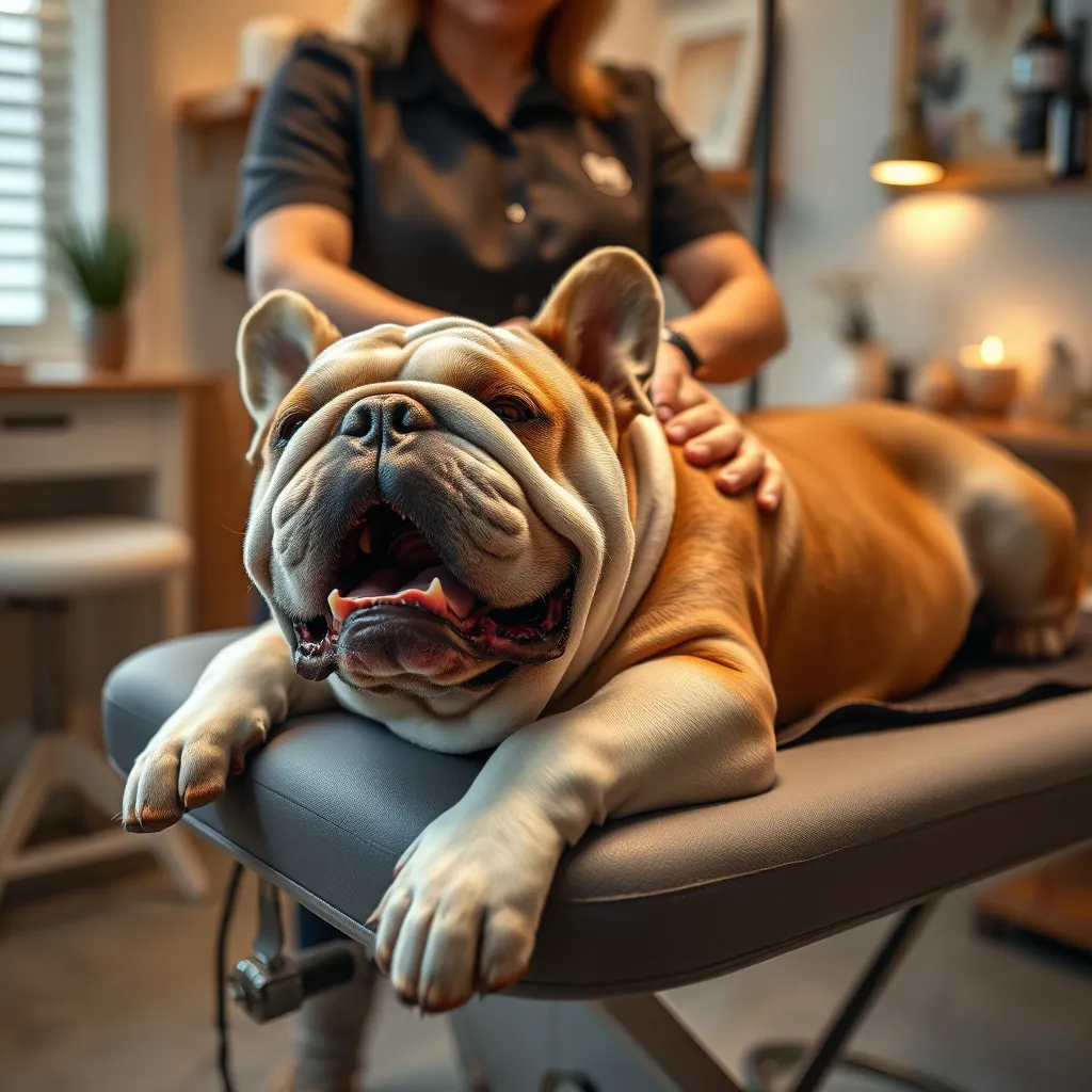 A content bulldog lying comfortably on a grooming table while receiving a relaxing massage from a professional groomer. The setting is tranquil, with soft lighting, calming decor, and accessories promoting a spa-like ambiance.