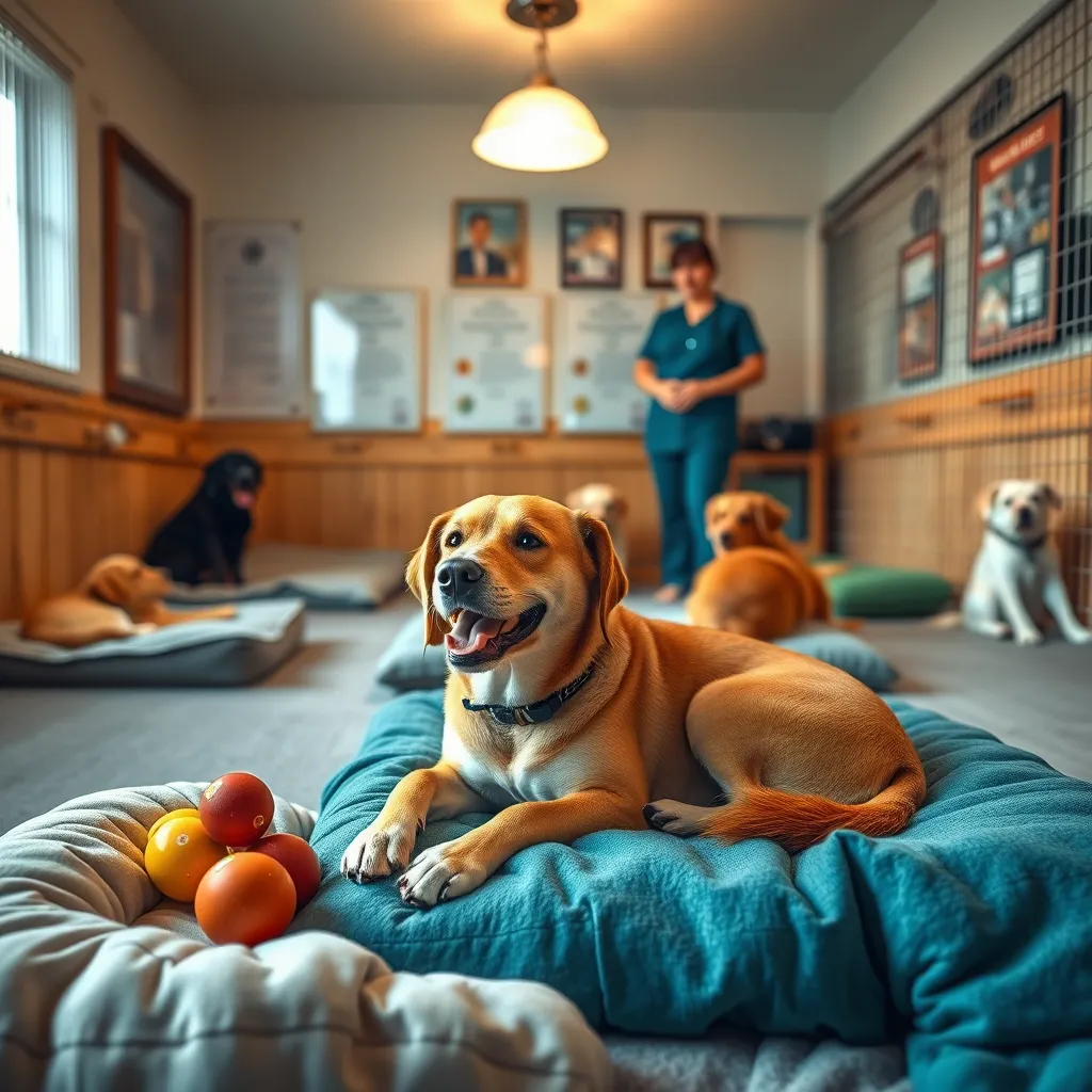 A cozy boarding area with comfortable bedding and toys for dogs, showcasing a happy dog resting and enjoying its time. Include a professional staff member monitoring the dogs, with certificates and insurance documents displayed in the background to signify trust and professionalism.