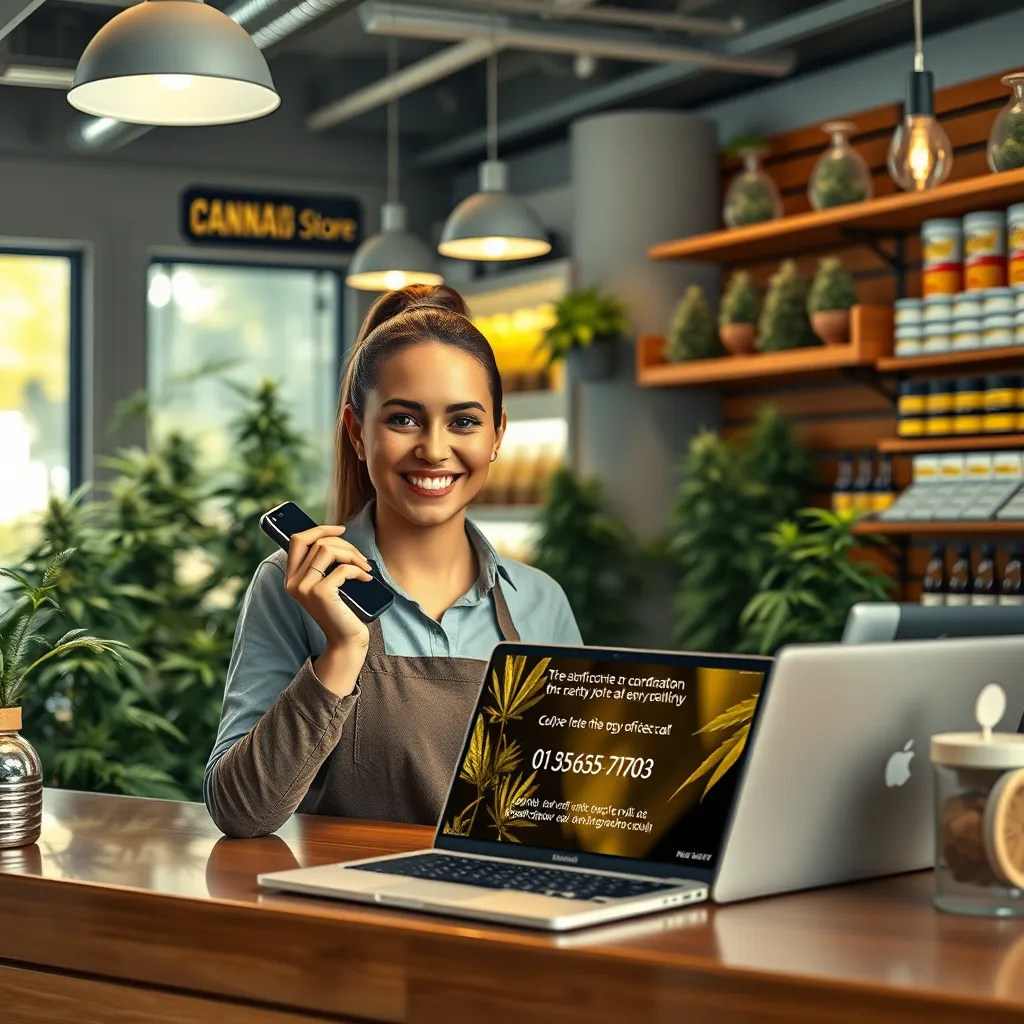 A cozy cannabis store interior showcasing a friendly staff member at the front desk, with a phone in one hand and a laptop open, displaying the store's contact details. Bright, inviting ambiance with cannabis plants and products in the background.