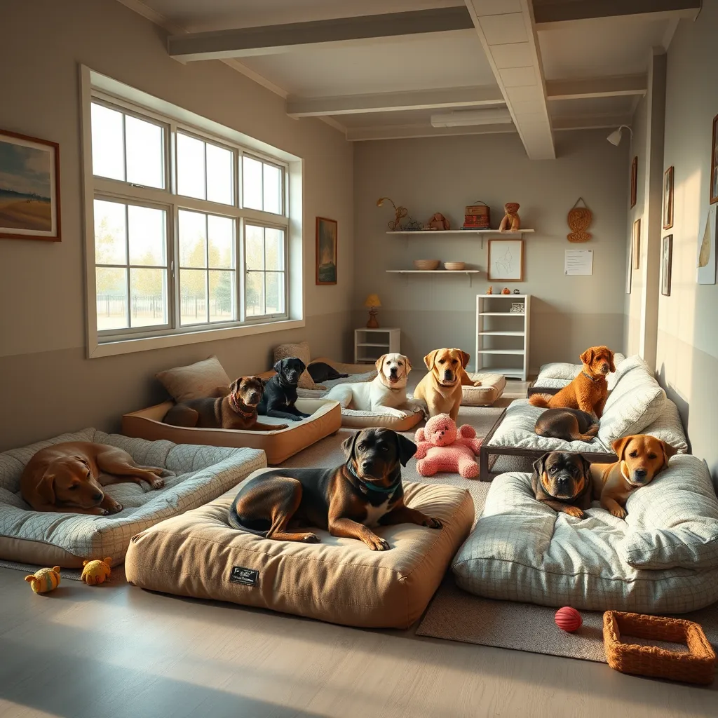 A cozy dog boarding area with comfortable beds and toys, where several dogs are lounging peacefully. The setting should reflect a warm atmosphere, with soft bedding and natural light streaming in through large windows, creating a welcoming feel.