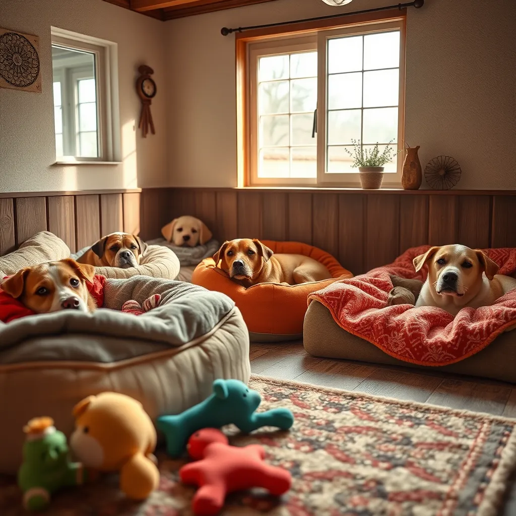 A cozy dog boarding facility with inviting, spacious sleeping quarters featuring soft beds and colorful blankets. The scene includes a small group of relaxed dogs resting in their individual cozy spaces, showcasing a calm and peaceful environment. Natural light filters softly through the windows, creating a homely and warm atmosphere. The palette consists of earthy tones accented with vibrant dog toys in the foreground. The composition is at a slightly elevated angle, providing a comprehensive view of the restful area. Capturing details of plush bedding, gentle expressions on the dogs’ faces, and decorative elements that create a welcoming vibe is essential. Subtle textures of the bedding, soft fur, and cozy props enhance the scene. The style is influenced by warm, inviting interior photography, emphasizing comfort and care. An ultra-detailed portrayal in 8K resolution invites viewers to experience the serenity of the boarding setup.