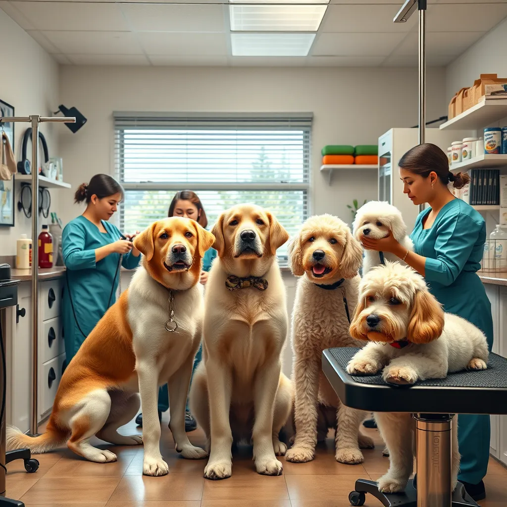 A cozy dog grooming salon with professional groomers gently working on dogs. The groomers should be interacting lovingly with the pets, showcasing a variety of breeds like Golden Retrievers and Poodles. The room should be bright and inviting, with grooming tools and products displayed neatly, emphasizing a calm and happy atmosphere.