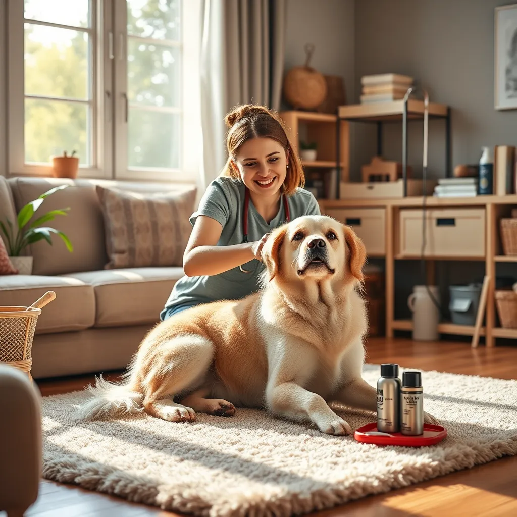 A cozy living room setting with a friendly groomer gently brushing a relaxed dog on a soft rug, natural light pouring in from a window, and dog grooming supplies neatly organized around, emphasizing a calming in-home grooming experience.