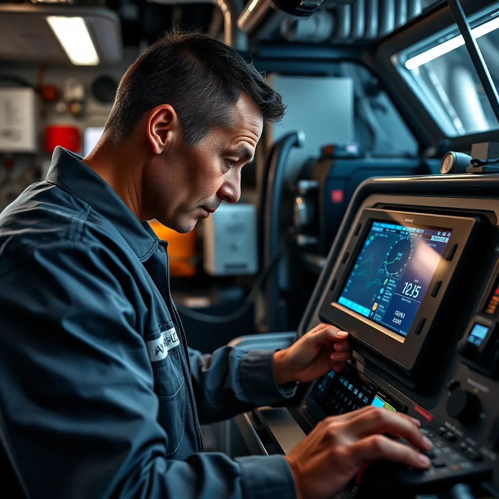 A detailed image of a marine technician using advanced diagnostic tools on a boat's control panel. The technician is focused, with screens displaying engine data and readings, surrounded by various marine equipment in a garage setting.