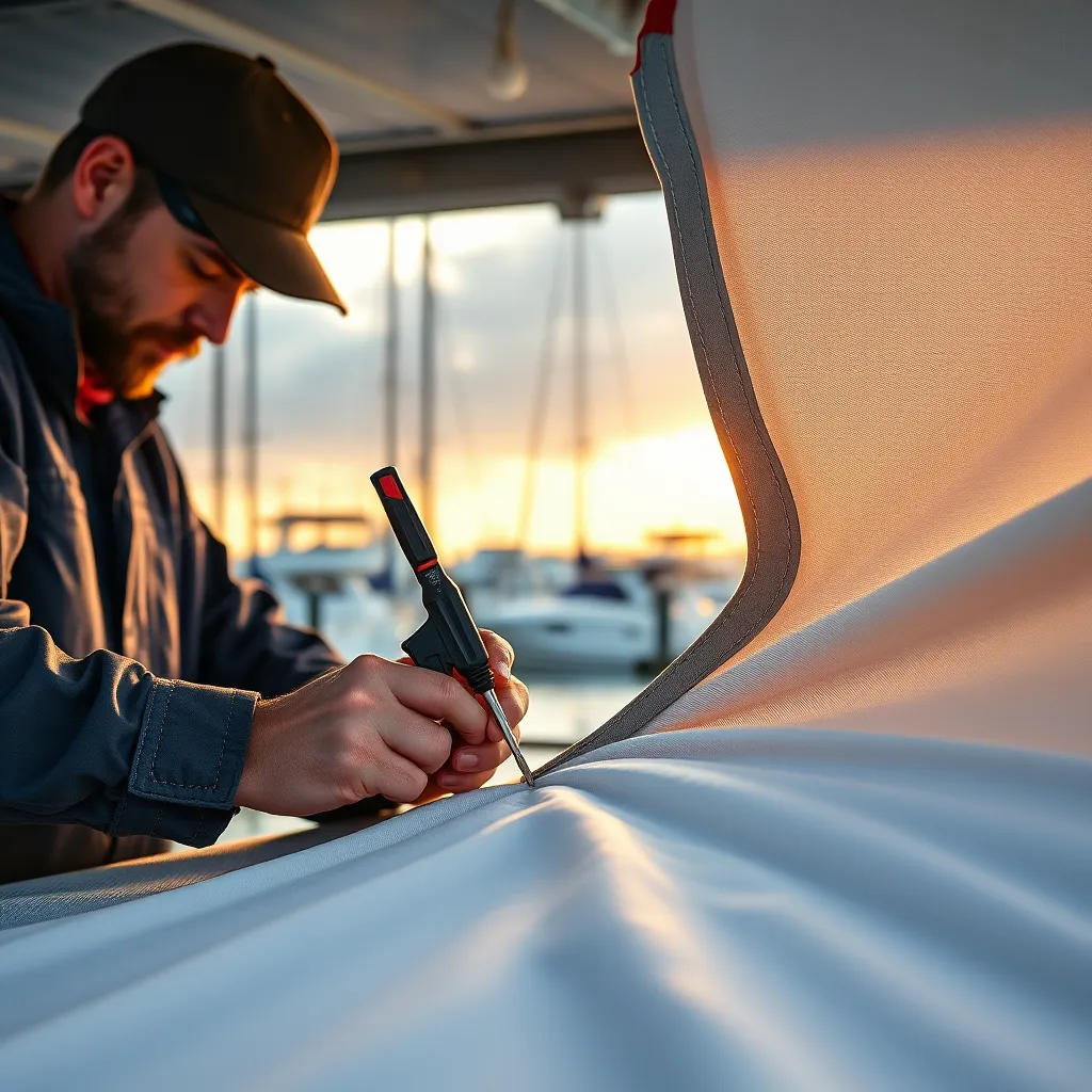 A detailed image showing a technician skillfully repairing a boat canvas cover with precision tools. The scene should capture high-quality materials like Sunbrella being used, with a close-up on the stitching and textures, against the backdrop of a marina.