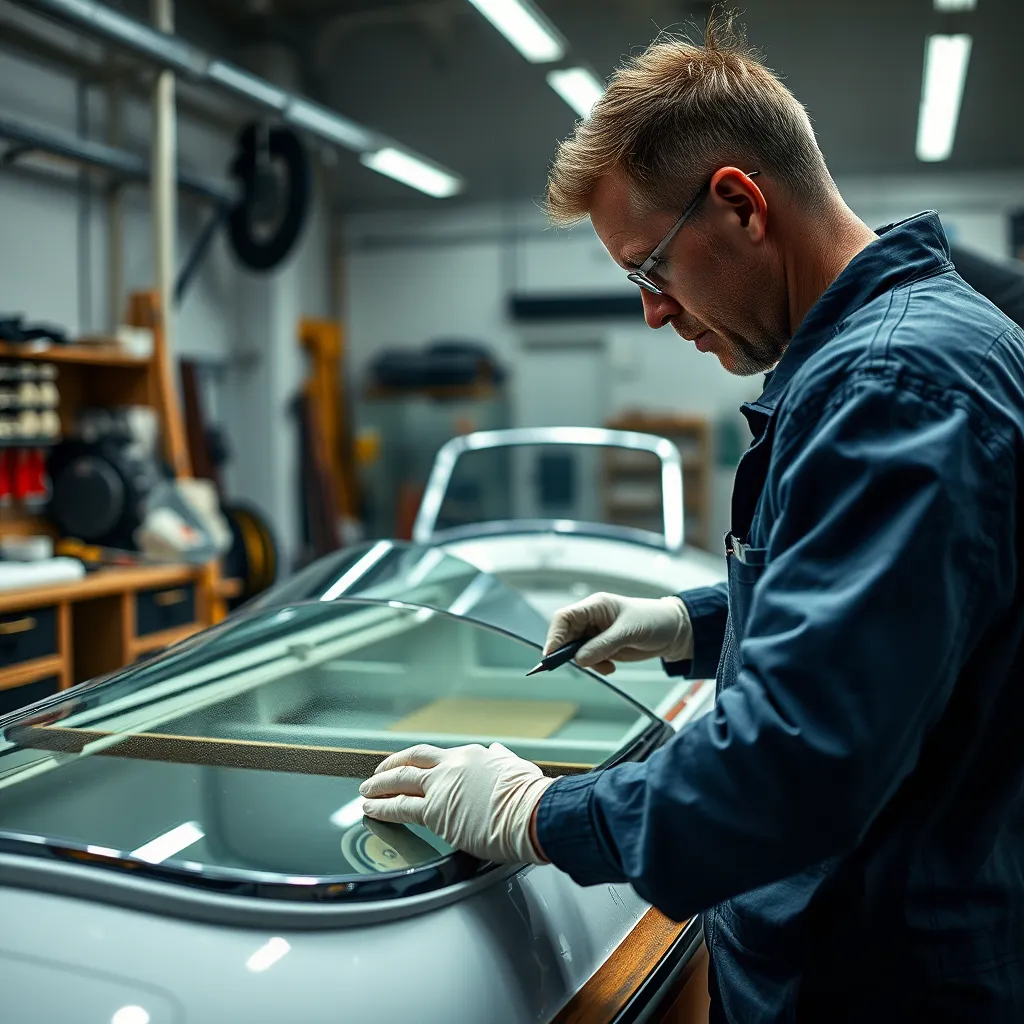 A detailed image showing a technician carefully replacing a piece of boat glass, highlighting the precision and craftsmanship involved. The setting should be a clean, professional workshop with various tools and materials visible, and a half-finished boat in the background.