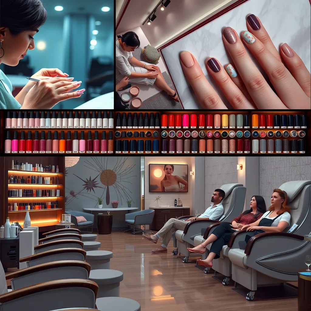 A detailed image showing a variety of nail service options, including a nail technician applying a gel manicure, an array of nail polish colors showcased, and customers enjoying a pedicure in luxury chairs, surrounded by calming decor.