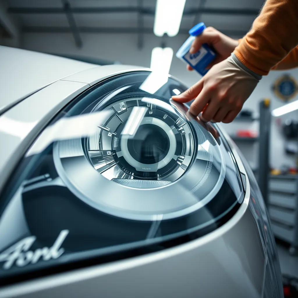A detailed shot of a car headlight being restored by a professional technician in a well-equipped garage. The headlight, initially cloudy, is shown in the process of being polished to a crystal-clear finish using specialized restoration products. Soft diffused lighting evenly illuminates the scene, highlighting the contrast between the restored and unrestored parts of the headlight. The color palette includes clear, bright whites, reflective chrome, and subtle blues from the restoration products. The camera angle is a mid-close up, focusing on the headlight and the technician's hands. The headlight surface is smooth and glossy, and the environment is a clean, organized workshop with various detailing equipment neatly arranged. The mood is professional and transformative, showcasing the dramatic improvement in clarity. Rendered in 8K resolution, hyperrealistic, ultra-detailed, in the style of Gregory Crewdson's photography.
