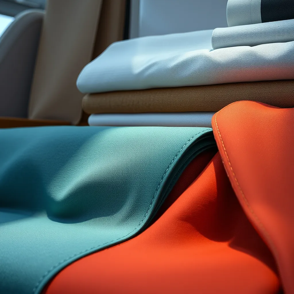 A display of high-quality upholstery materials including Sunbrella fabric swatches, GORE-TEX threads, and various marine vinyls. The scene should highlight the textures and colors of the materials, showcasing their durability and versatility in a stylish setting.