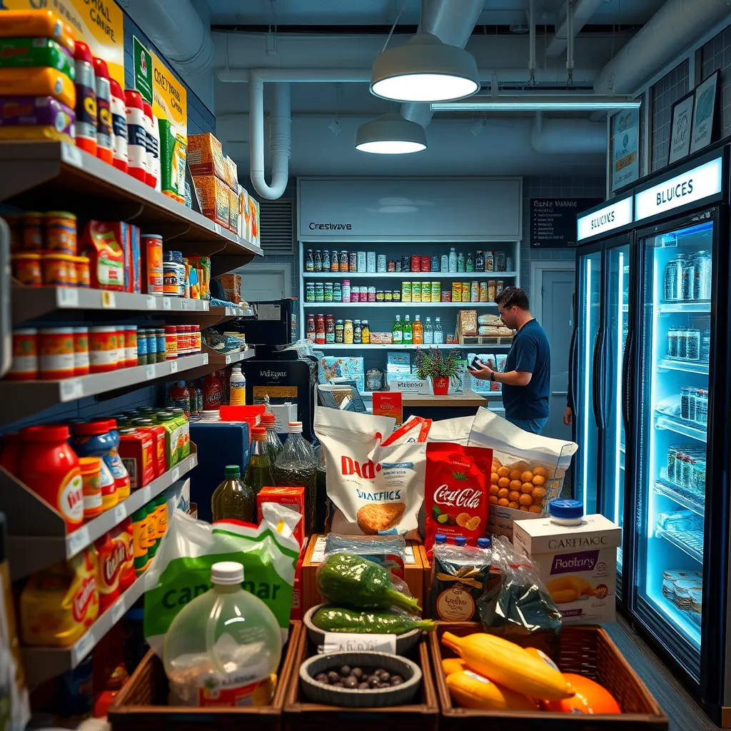 A display of various grocery items, toiletries, and refreshments in a marina store setting, complete with a refrigerator for drinks. Include a checkout counter in the background, with friendly staff assisting customers, showcasing the convenience of shopping at Crestwave.