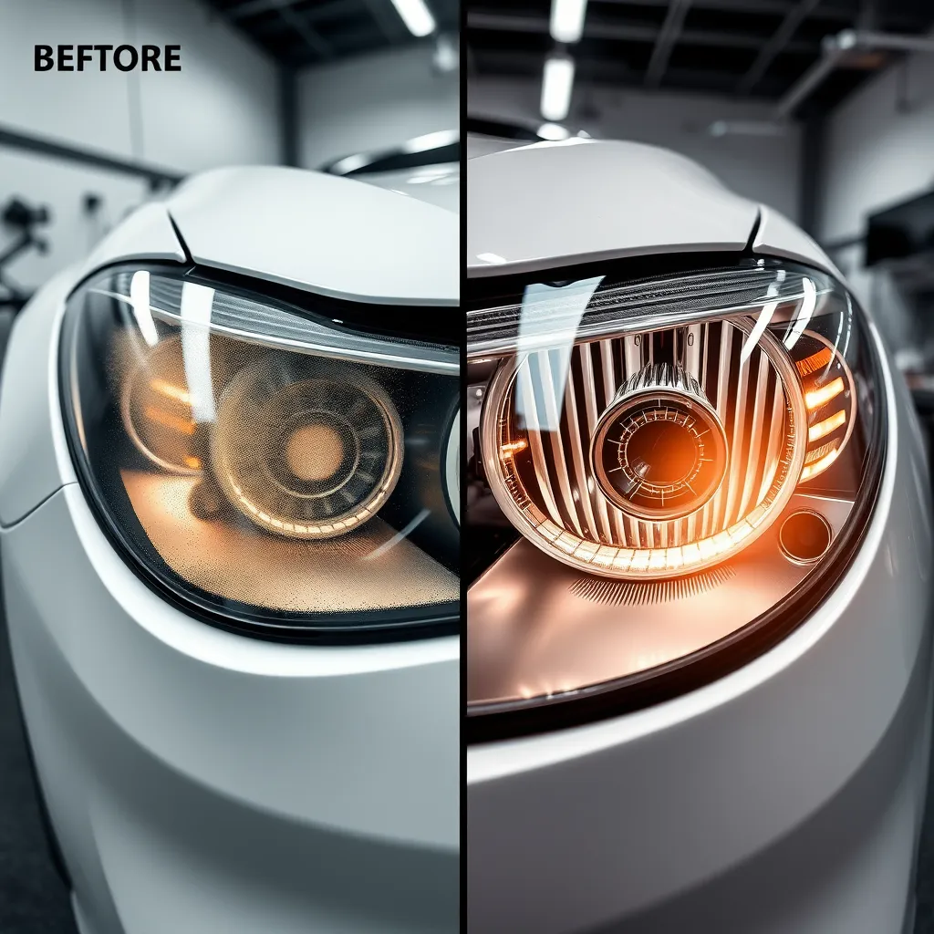 A dramatic, close-up photo of a car's headlights, showcasing the dramatic transformation from cloudy and faded to crystal clear and bright. Capture the before and after in one frame, with the left side showing a dull, aged headlight and the right side revealing a newly restored, gleaming headlight. Use a soft, diffused lighting to emphasize the contrast between the two, creating a sense of awe and wonder. The background should be a sleek, modern auto detailing studio, with tools and equipment visible, conveying a sense of professionalism and care. Render this image with a high dynamic range (HDR) effect to highlight the detail and clarity of the restored headlight, capturing its luminous beauty.