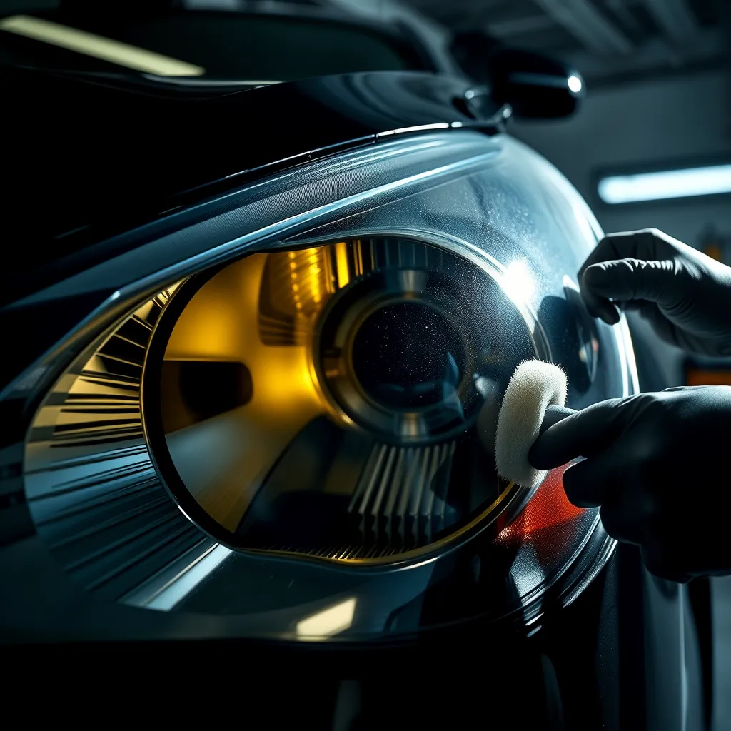 A dramatic, high-contrast image of a car headlight being restored. The headlight is cloudy and yellowed, with a noticeable decrease in clarity. The technician is using a specialized kit to polish and restore the headlight's transparency. The lighting is dramatic, with strong side lighting that creates distinct shadows and highlights the contrast between the clouded and restored areas. The background is a clean, modern garage, with tools and equipment visible in soft focus. The image should emphasize the transformative effect of the restoration, capturing the sharp difference between the cloudy and clear areas. Capture the detail of the polishing process, showcasing the tools and the technician's skilled hands. The image should be in a photorealistic style, with a strong emphasis on textures and details.