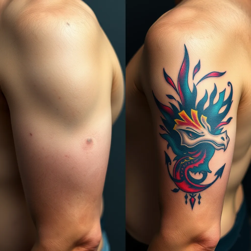 A dramatic before-and-after image of a cover-up tattoo. On the left side, a faded, poorly executed tattoo is visible, while the right side reveals a stunning new tattoo design that beautifully conceals the old one.  The new tattoo design incorporates vibrant colors, intricate details, and a unique style that aligns with the client's personality and preferences.  Use soft lighting to enhance the visual appeal of the cover-up and showcase the transformative power of tattoo art. Render the image in photorealistic detail, capturing the textures of the skin, the vibrant colors of the new tattoo, and the subtle details of the cover-up process.