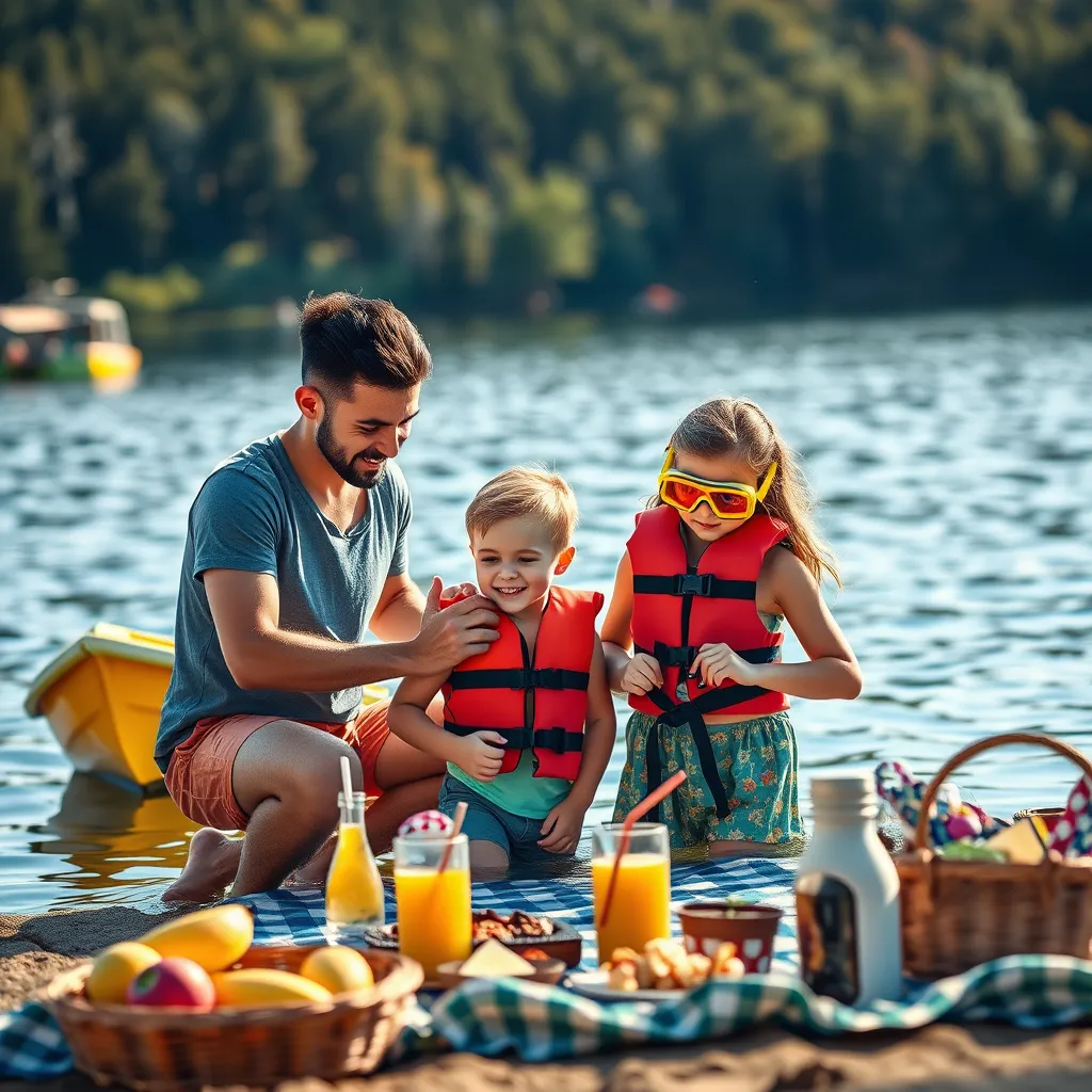 A family having fun at a lakeside, showcasing a variety of water activities. Depict a parent assisting a child with a life jacket, while another child uses snorkeling gear. Include a colorful boat nearby and summer refreshments in a picnic setup.