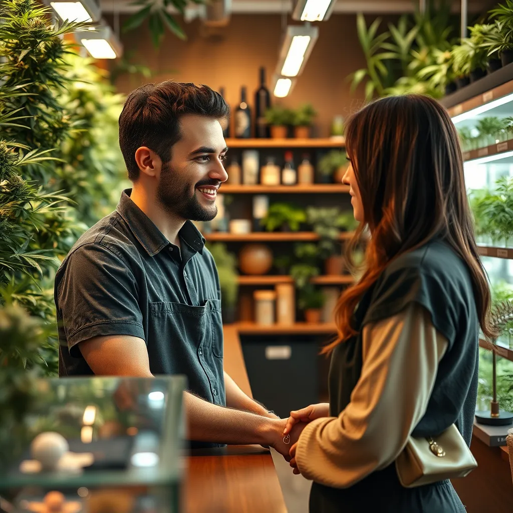 A friendly, knowledgeable staff member assisting a customer in a cannabis store filled with greenery and comfort. The staff is engaged in conversation, showcasing warmth and approachability, with a focus on personal interaction.
