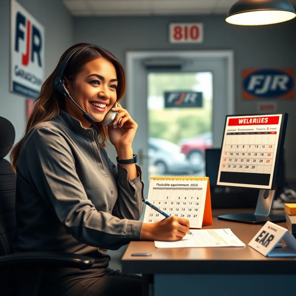 A friendly customer service representative at a desk, speaking on the phone while jotting down notes. The office environment is welcoming and professional, with branding elements of FJR Garage Doors visible. A calendar on the desk shows flexible appointment slots.